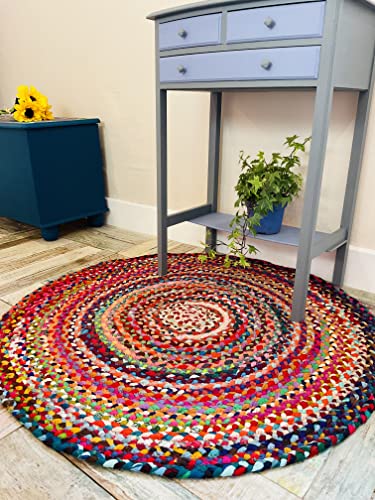 Second Nature Online Sundar Alfombra de Tela Trenzada Redonda Hecha a Mano Tejido Plano con Tela reciclada Multicolor 90 cm