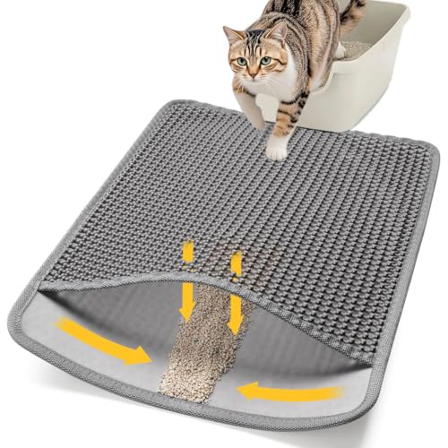 Conlun alfombra arena gatos, alfombrilla arenero gato, diseño de doble capa en forma de panal, orina y material impermeable, diseño de control de basura con asas laterales gris