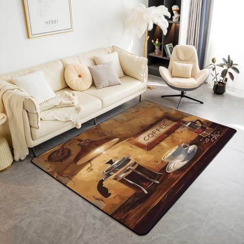 Homemissing Alfombra decorativa de café de 150 x 200 cm, diseño de café, para sala de estar, taza de café, alfombra decorativa agradable