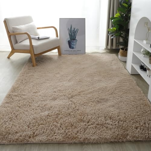 Treer Alfombra de Pelo Largo para Salón, Alfombras Dormitorio Modernas Antideslizante, Alfombra Shaggy Pasillo Grandes, Esponja Alfombra Área para Habitacion (140x200cm,Camel)