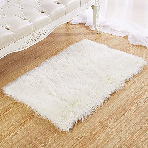 DQMEN Piel de Cordero Oveja/Sheepskin Rug Cordero, imitación mullida Alfombras imitación Piel sintética Deko Piel,para salón Dormitorio baño sofá Silla cojín (Blanco, 50 x 150cm)