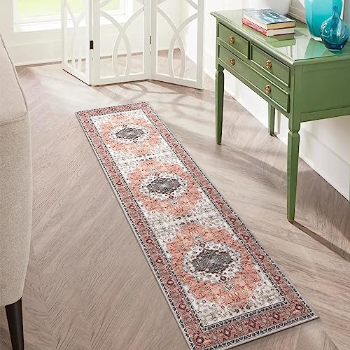 Carvapet Alfombras de Pasillo 60x210cm Alfombra Corredor Antideslizante Largo Alfombras de área Fina Lavable Medallón Flor Alfombra para el Salón Dormitorio(Naranja)