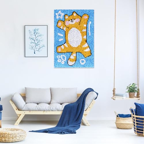 Fadcaer Kit de Alfombra de Gancho para Adulto,Kit de Alfombra de Punto de Cruz con Patrones de Gatos,Kit de Alfombra de Ganchillo para Hacer Cojín,Bordado Juego de Alfombras para Decoración del Hogar