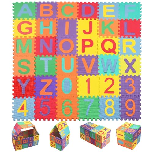 Wekuw 36pcs Tapete Puzzle Alfombra Puzzle Bebe 9 × 9cm Alfombra Puzzle para Niños Infantil Tapete de Juego Números Alfombra Gateo Bebe en Espuma EVA Tapete para Puzzle | Números y Letras