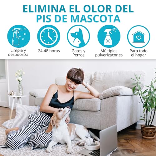 EOS (1 litro) Eliminador de olores Mascotas al instante. Anti olor orines de Perros, Gatos. Aplicar en sofás, arenero, cesped, Coche. Detergente enzimatico, Repelente de micciones gatos.