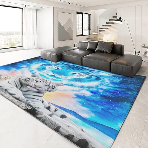 Alfombra de área de sala de estar de 4 x 6 pies, alfombras con patrón de tigre blanco animal para dormitorio, antideslizante, suave, lavable, alfombra de tigre azul para guardería, habitación de los
