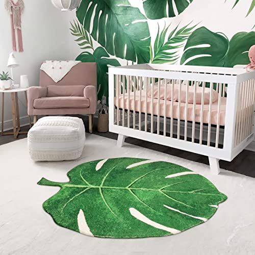 Alfombra infantil de 90 x 112 cm, moderna forma de hojas, verde, antideslizante, para niños y niñas