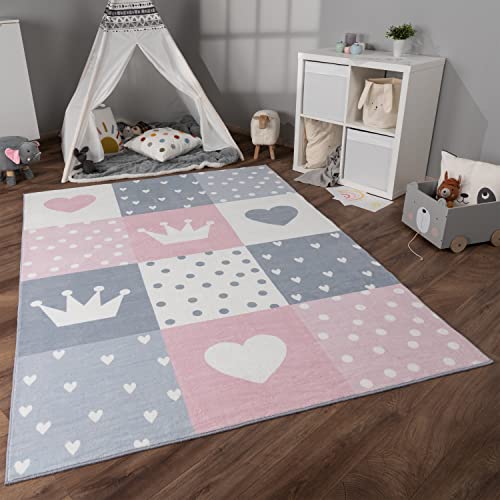 Paco Home Alfombra De Habitacion Bebe Infantil Niña Niño De Juego Antideslizante Arcoíris Corazón Lunares, tamaño:80x150 cm, Color: Crema Rosa Gris