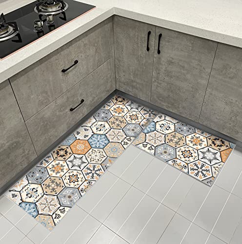 Hoimlm Alfombrilla de cocina antideslizante Fresh Ktchen lavable alfombra de cocina 2 piezas alfombras antideslizantes para cocina, salón, comedor, baño, 40 x 120 cm+40 x 60 cm (Hexagon)