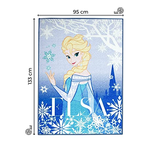 Producto con Licencia Disney - Alfombra de juego Elsa Frozen 133x95 cm - Azul - Alfombra - Alfombra de juego para la habitación de los niños - Decorativa, Diseño especial, Resistente a las manchas