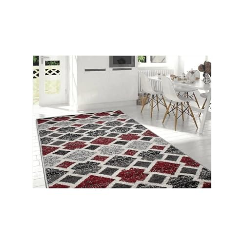 Alfombra de Salon Moderna de diseño TOSCANA | De Pelo Corto en Polipropileno Frisse y 100% Lavable | | Ideal para Salón, Comedor o habitacion | En varias Medidas / Colores (160_x_230_cm, Gris/Rojo)