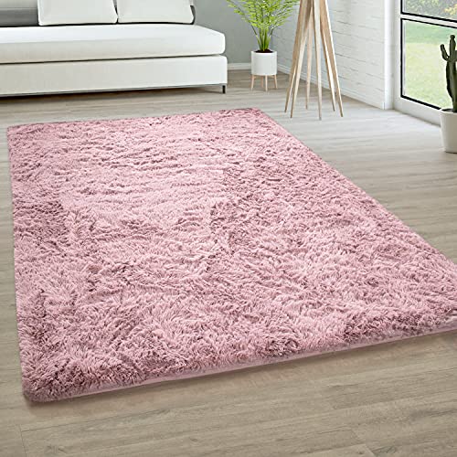 Alfombra Salón Pelo Largo Piel Sintética Shaggy Mullida Y Suave En Monocolor, tamaño:140x200 cm, Color:Rosa-Viejo