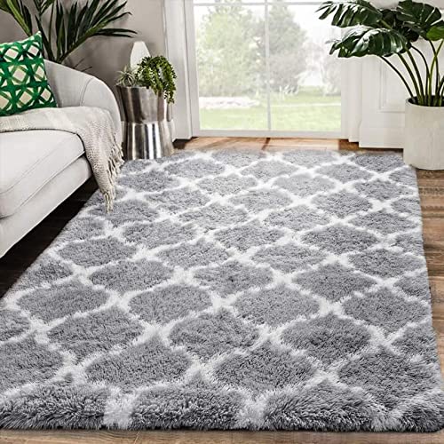 Zareas Alfombra moderna abstracta suave y mullida para sala de estar, 5 x 8 cm, color blanco y gris para dormitorio, alfombra peluda para niños y niñas y niños de piel larga para interior o cuarto de