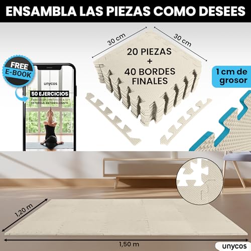 unycos - Esterilla Fitness Puzzle para Suelo de Gimnasio【30x30x1 cm】 Set de Protección de Espuma EVA, 20 Losas, Alfombra Expandible, Tatami para Pisos | Impermeable, No Tóxica (Blanco)