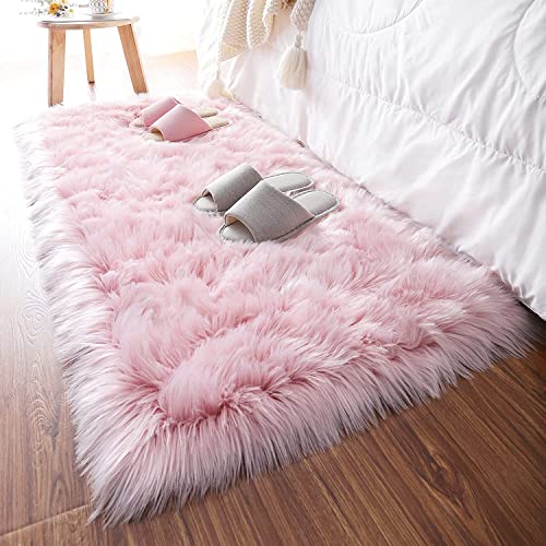 YIHAIC Falso Piel de Carnero Vellón Alfombra, Elegante De Pelo Largo Mullida Excelente Piel Sintética de Calidad Alfombra de Lana (Rosa, Rectangle 60 x 90 CM)