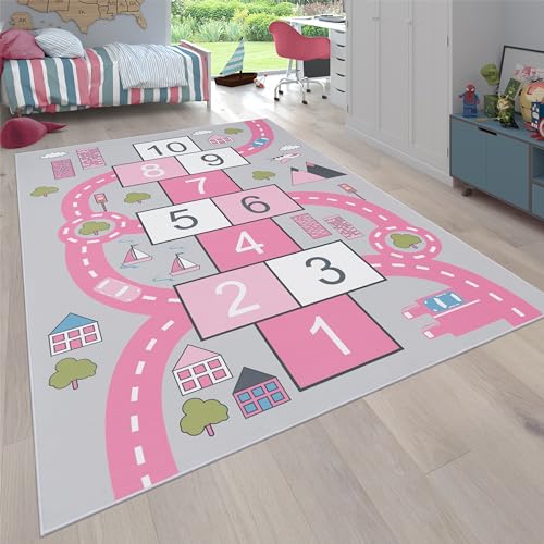 Paco Home Alfombra Infantil Habitación Infantil, Alfombra Juego Carreteras, Rayuela, Rosa, tamaño:100x200 cm
