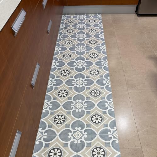 ALFOMBRAS IBERIA Alfombra de Vinilo para Cocina, Terraza, Exteriores - Fácil de Limpiar - Base Antideslizante - Diseño ACHI (Gris/Azul, 65x100)