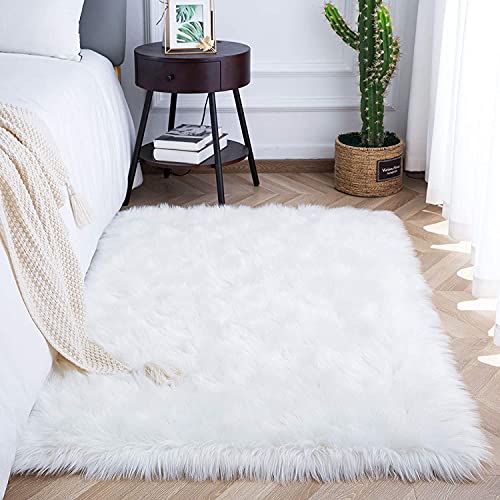 SXYHKJ Nuevo Piel de Cordero Oveja/Sheepskin Rug Cordero, imitación mullida Alfombras imitación Piel sintética,para salón Dormitorio baño sofá Silla cojín (60x90c - Rectangle, Blanco)