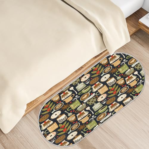 Alfombra ovalada de felpa con diseño de granos de café, 50 x 120 cm, alfombra de área con estampado de café para sala de estar, cocina, dormitorio, alfombra antideslizante