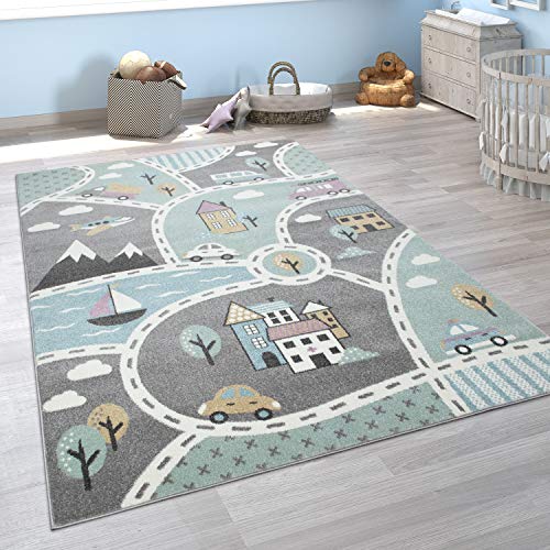 Paco Home Alfombra Infantil, Alfombra Juegos Infantil, Dibujos De Ciudad, Verde Y Gris, tamaño:120x170 cm