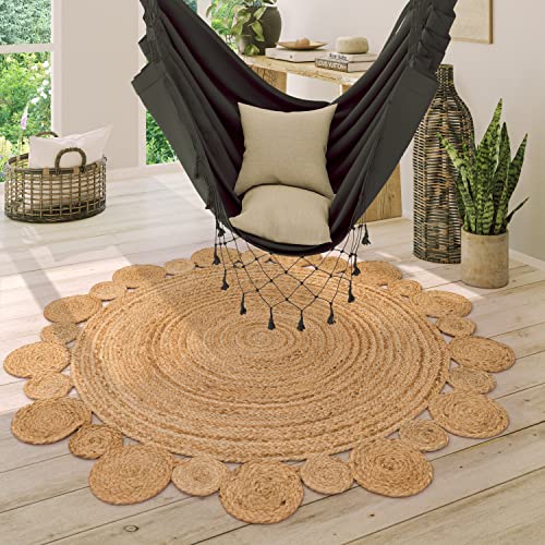 Paco Home Alfombra Redonda Salón Yute Boho Motivo Étnico Moderno Hecha A Mano Natural, tamaño:80 cm Redon, Color:Naturaleza 2