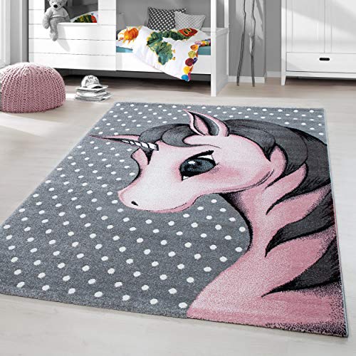 HomebyHome Alfombra para niños Pila Corta Diseño de Unicornio Habitación de los niños de los bebés Suave Rectangular Redondo Rosa, Tamaño:80x150 cm