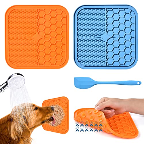 AiQInu Alfombrilla para Lamer Perros con Ventosa,2 piezas Lick Mat para Perros y Gatos sin BPA con 1 Espátula de Silicona,Super Ventosas para Bañarse,Arreglarse,Entrenar y Cuidado de las Garras