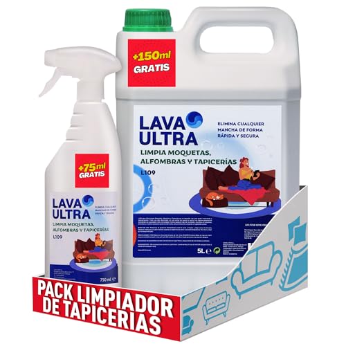 LavaUltra L109 Limpiador para Moquetas y Tapicerías, 5 Litros+750ml, Limpiador para Alfombras, Sofás y Textiles en Spray,Eficaz Contra Manchas Difíciles,Quitamanchas (1, 5 litros + Spray 750ml)