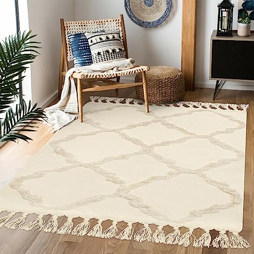LINROMIA Alfombra Salon Grande120x180cm,Boho Beige Alfombra de Algodón con Borlas Tejidas, Alfombra Lavable para Baño, Cocina, Salon, Dormitorio, Entrada
