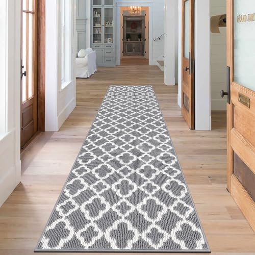 SHACOS Alfombra de Pasillo Gris 60x305cm Alfombra de Cocina Antideslizante Lavable Alfombra Entrada Casa Larga Alfombra de Área Geométrica para Entrada, Cocina, Lavandería