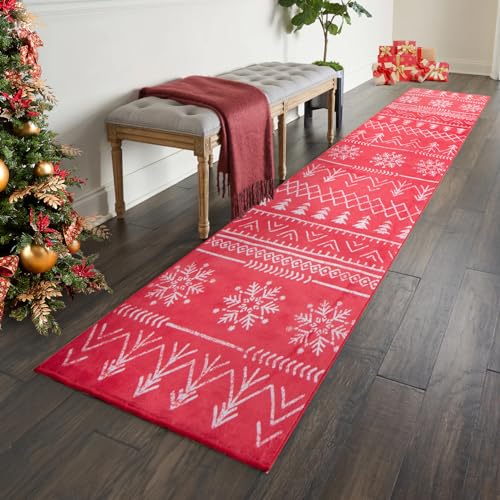Carvapet Navidad Alfombras de Pasillo 60x300cm Antideslizante Alfombra Corredor Suave Microfibra Copo de Nieve Navidad Rojo Larga Alfombras de área Lavable Alfombra Comedor Pasillo