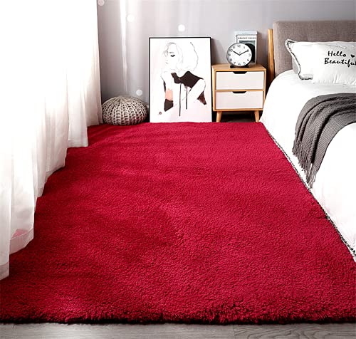 Alfombras de Moderna para Salon de Estar de Pila Gruesa No se desprenden y Alfombra de Dormitorio; Alfombra de Cordero de Cachemira Artificial，Alfombra mullida。 (Vino Rojo, 80x160cm)
