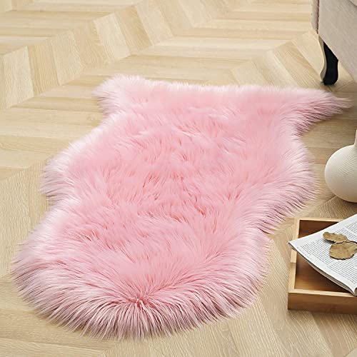 HEQUN Alfombra de Piel de Oveja sintética, Artificial Alfombra,Funda de Silla de Forro Polar Suave y mullida para recámara, sofá, Suelo (50×80 CM, Rosa)