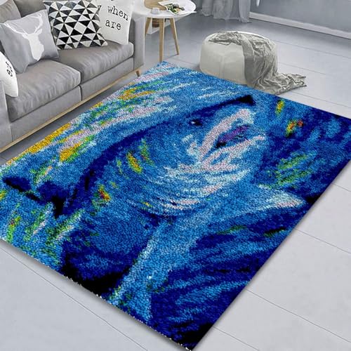 AMBATTERY Kits De Alfombra De Gancho Blue Fish Animal Latch Hook Rug Set Rugs Knotting Cross Stitch Set para niños y Adultos Kit de Herramientas de fabricación de alfombras 20x15in