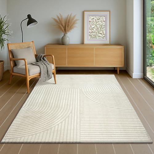 the carpet Everest - Alfombra Moderna de Pelo Corto salón Dormitorio con Efecto Alto-bajo, Efecto 3D, Alta Densidad de Pelo y agradablemente Suave, diseño Panglao, Crema, 80 x 150 cm