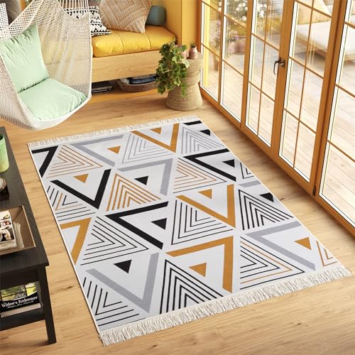 TAPISO Azteca Alfombra de Dos Caras con Flecos Algodón Lavable Diseño Moderno Negro Blanco Mostaza Gris Alfombra de Salón Dormitorio Habitación Infantil Oeko-Tex 160 x 230 cm