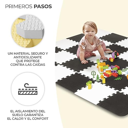 kk Kinderkraft LUNO Manta Juegos bebé, Incluye 30 piezas, Puzzle de Espuma, Alfombra para niños, Gimnasio Actividades, Tapete bebé, para bebé, Con accesorios, para niños, Amarilla-blanca