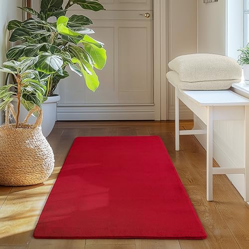 SIMPEX Alfombra Runner Rojo 60x100 cm Alfombra Lavable de Pelo Corto, Antideslizante y Suave, Diseño Monocromático Moderno para Dormitorio, Cocina y Pasillo