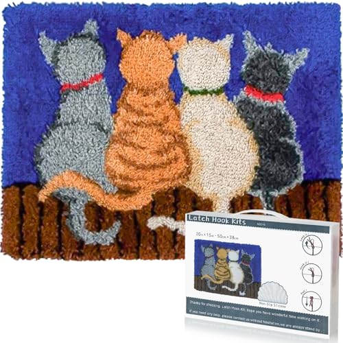 EsLuker.ly Kit de alfombras con gancho de pestillo, alfombra de ganchillo con patrones de gatos, alfombra de hilo de lona preimpresa, manualidades para adultos, niños y principiantes