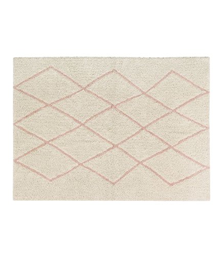 Happy Decor Kids- Alfombra Lavable FEZ Beige y Rosa Hecha a Mano en Algodón Reciclado - Color Crema con Diseño de Diamantes Irregulares en Rosa Palo- Medidas 120 x 160 cm.