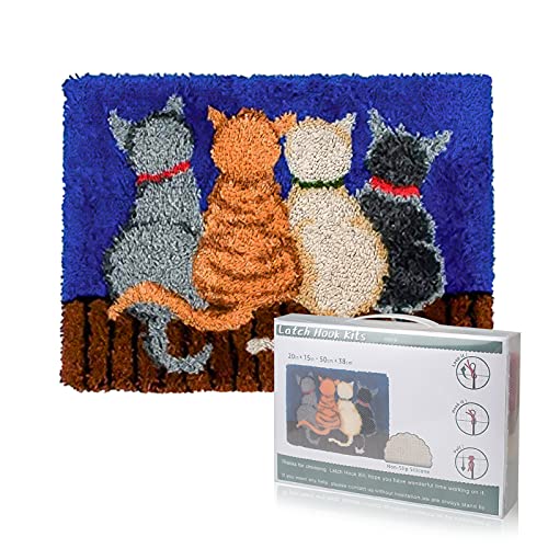EsLuker.ly Kit de alfombras con gancho de pestillo, alfombra de ganchillo con patrones de gatos, alfombra de hilo de lona preimpresa, manualidades para adultos, niños y principiantes