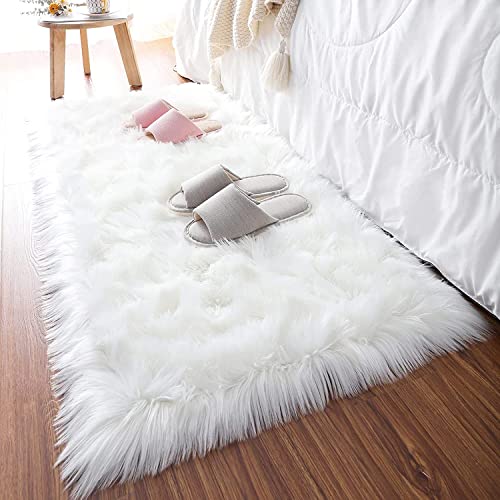 YIHAIC Falso Piel de Carnero Vellón Alfombra, Elegante De Pelo Largo Mullida Excelente Piel Sintética de Calidad Alfombra de Lana (Blanco, Rectangle 60 x 90 CM)