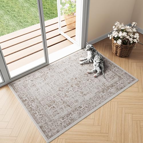 HUGEAR Alfombra vintage marrón claro lavable en la entrada, 60 x 90 cm, alfombra de baño, suave, antideslizante, retro, pequeña, de pelo corto, baño, dormitorio, dormitorio