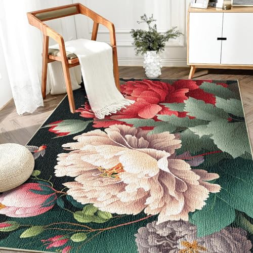 Rugs - Alfombra lavable a máquina antideslizante, para sala de estar, dormitorio, cocina, impresión vintage para decoración del hogar y del piso (rojo/blanco/verde, 1.5 x 2.5 pies)