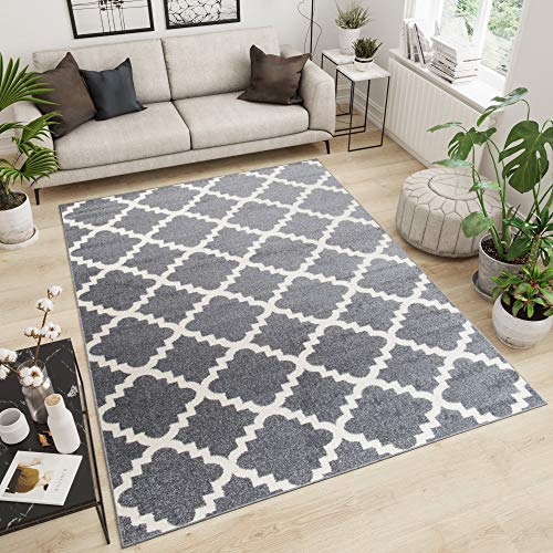 TAPISO Maroko Alfombra de Salón Sala Comedor Diseño Moderno Gris Blanco Marroquí Geométrico Tréboles Fina 80 x 150 cm
