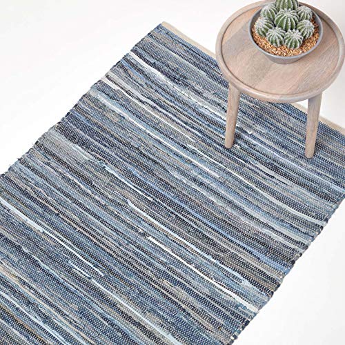Homescapes Alfombra vaquera de 60 x 90 cm, a rayas azules, tejida a mano de tela vaquera reciclada, estilo chindi, tejido plano, cada ejemplar es único