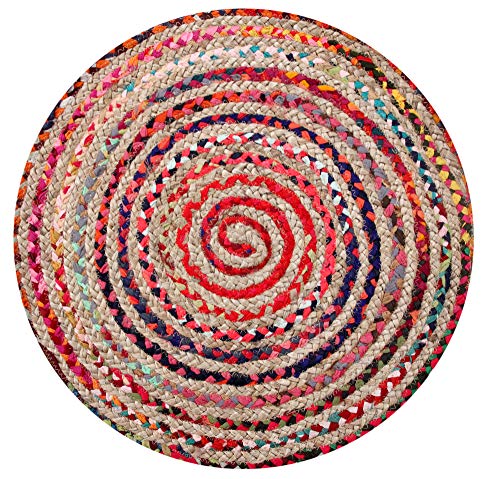Second Nature Online Alfombra Mishran Trenzada Redonda ecológica Tejido Plano con Yute Natural y Material Reciclado Multicolor 60cm Diameter
