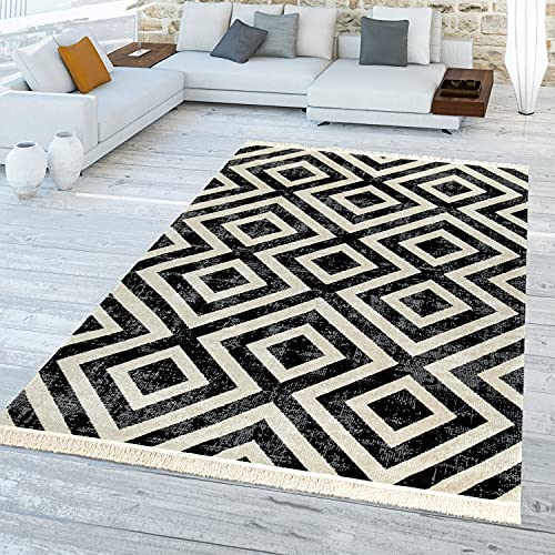 TT Home Alfombra Negro Blanco Balcón Terraza Exterior Diseño Escandinavo Rombos Robusta, Tamaño:Ø 160 cm Redondo