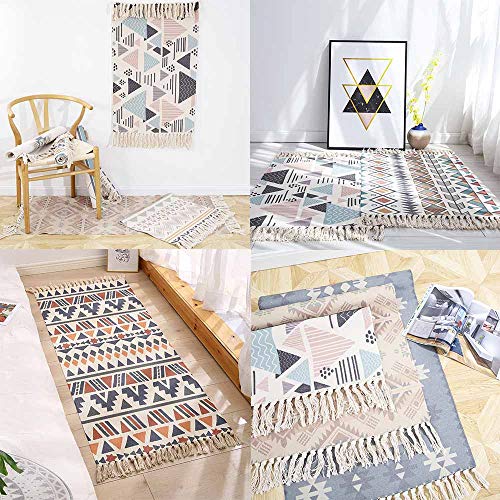 Alfombra Tejida a Mano con Borlas, Morbuy Algodón y Lino Estilo Bohemio Esterilla, Decorativo Manta Té Cuarto de Estar Alfombra Mesita Área de Alfombra (Estilo Minimalista Blanco,60 * 130cm)
