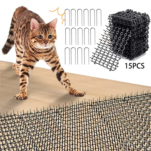 Alfombrilla Anti Gatos, 15 Piezas, Plástico Repelente para Barandilla y Jardin, Tiras de Pinchos para Proteger Las Plantas.